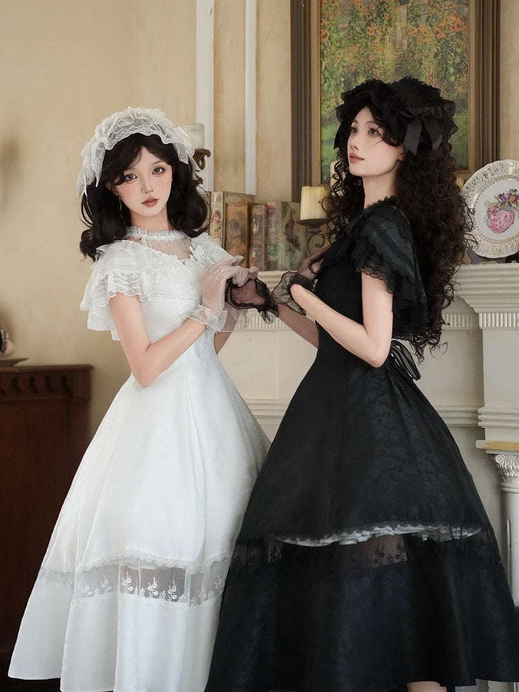 Shawl White Rose Black with Brooch / Tulle
