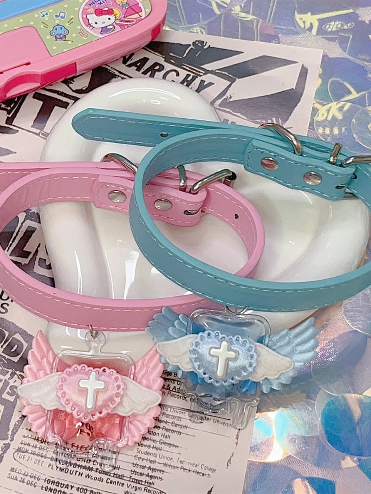 Blau/Rosa Jirai Kei Engelsflügel mit Kreuz-Halsband