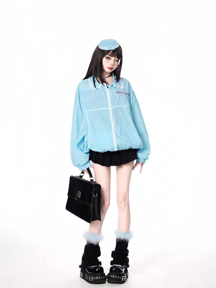 Hem Shirt Collar Elastic Cuffs and Zip-up Jacket Blue