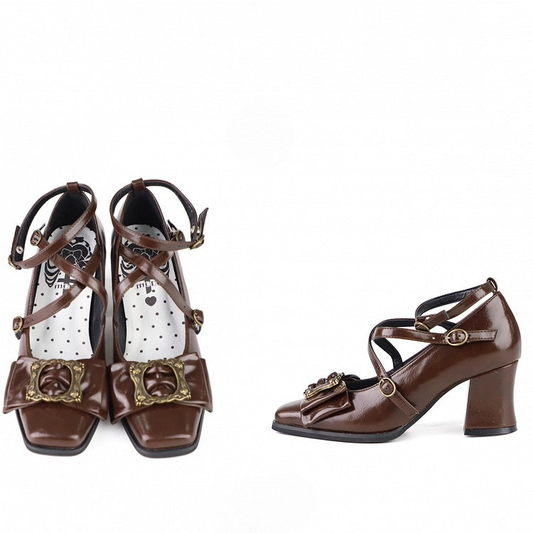 Toe Picture Heels Middle Crisscross at Square Frame - Straps Design Bow Buckle Elegant Top Brown Lolita