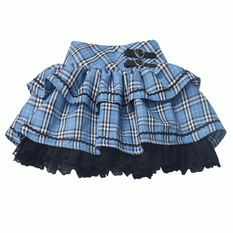 Blue Heart Black Plaid Pattern and Tiered Skirt Buckles Lace Trim Idol