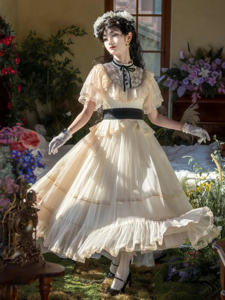 Beige Classic Waist Black Elegant Dress Neckline Lolita Illusion Edward Belt with