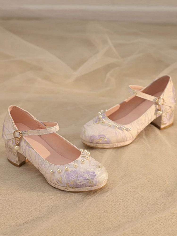 Purple Embellishments Lolita Mid-heels Floral Qi Beads with