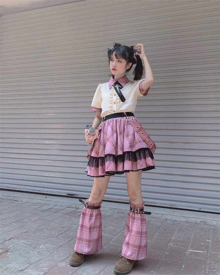 Contrast Pink Plaid Trim Beige Idol Lolita Blouse with Lace-up Detail at Back