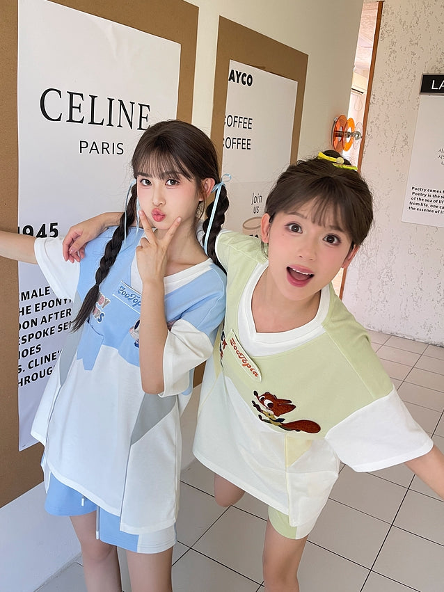 ズートピア ジュディ ブルー Vネック カラーブロック デザイン Tシャツ