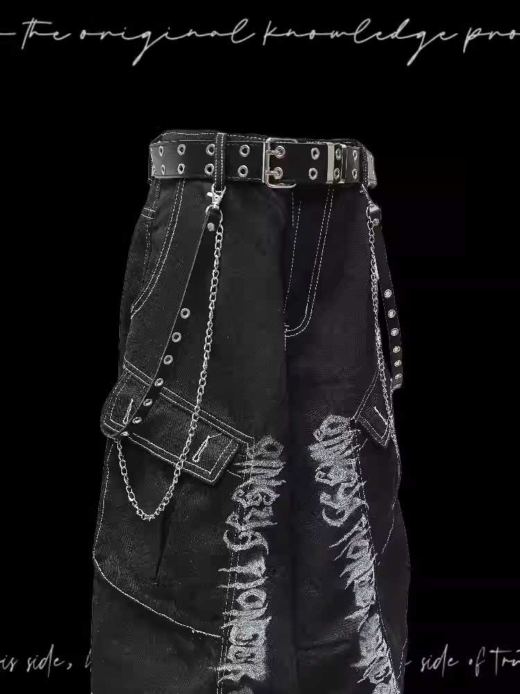 Jeans Black Punk Print Vintage Wide-Leg Cargo