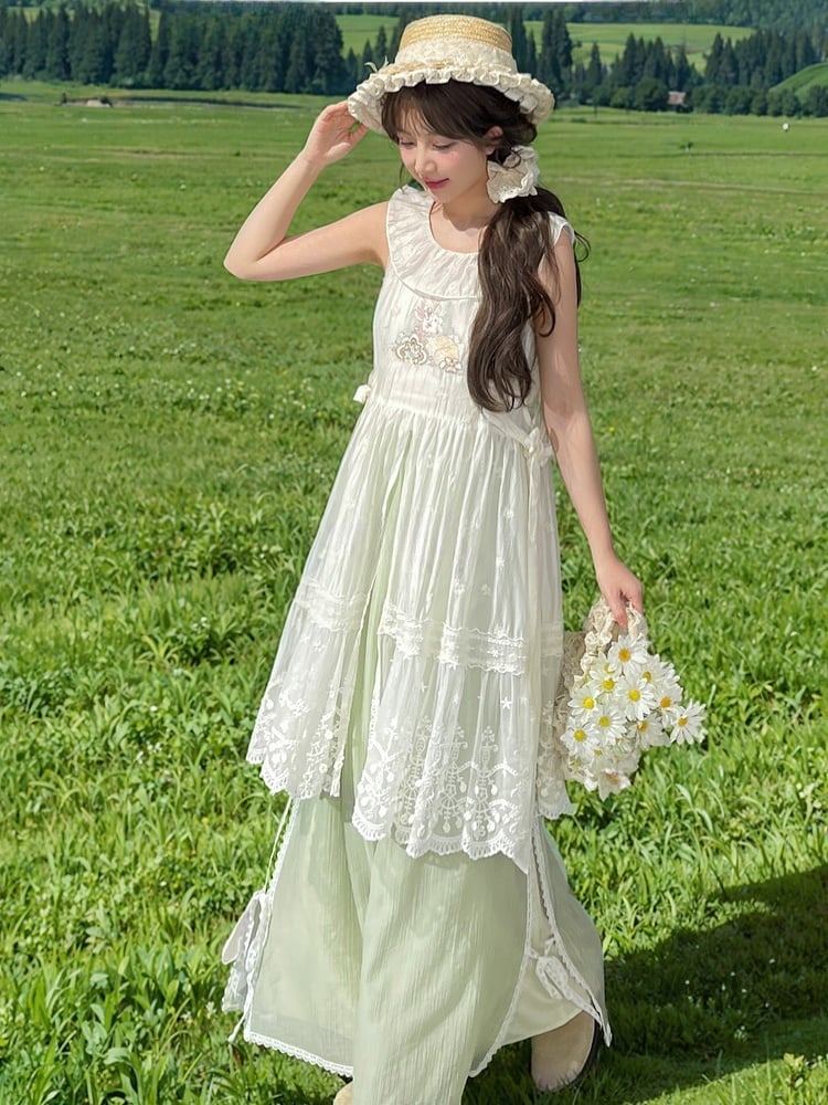 Side Self-tie Fawn Embroidery Chiffon Overdress Neckline with White Semi-Sheer Ruffle Straps