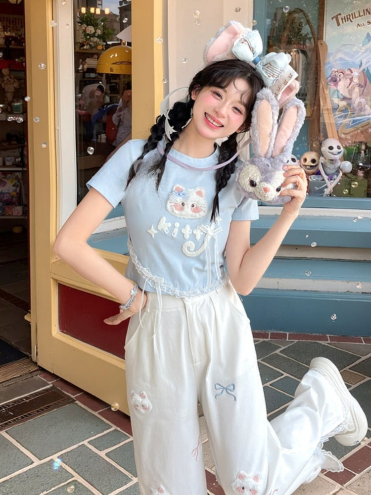 Long/Short Round Neck Plush Version Blue T-Shirt Cat Applique