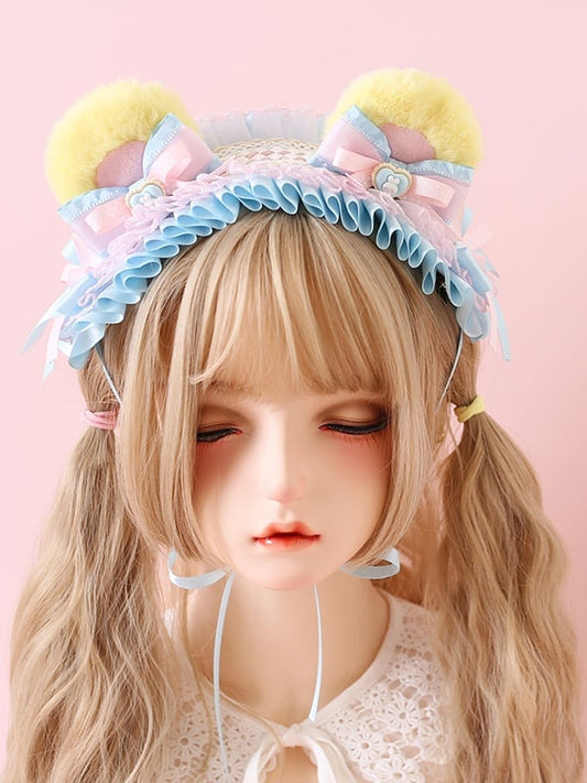 Bear Hairband / Pink Detachable Ears With Yellow Adorable Bowknot Lolita