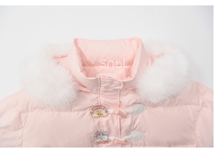 Pink Cute Bear and Kitty Plush Trim Hooded Down Coat