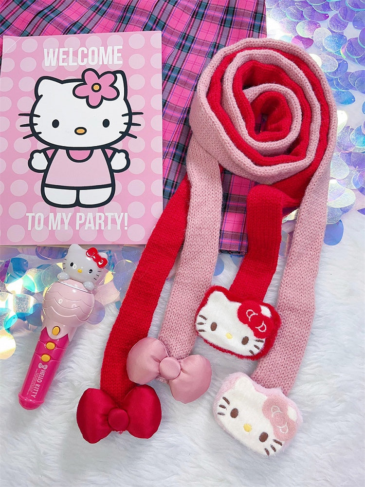 Red/Pink Y2K Kitty Design Knitted Scarf