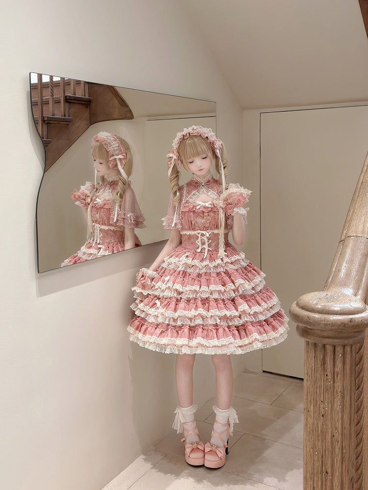 Lolita Ruffles Embroidery with Pink Lace Goldfish Details Dress Sweet and Tiered