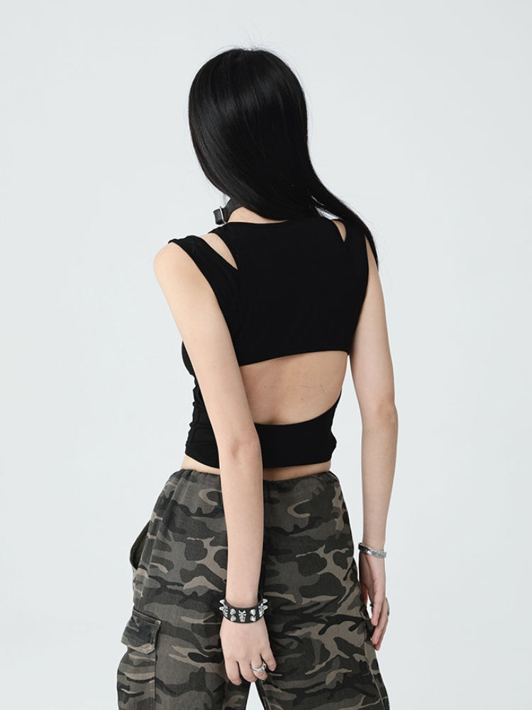 Gothic Black Cross Backless Glamorous Cropped Sleeveless Top