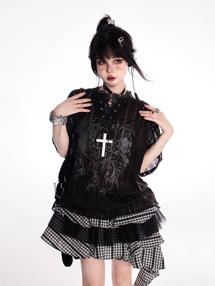 Y2K Holes Black/White Lace-up Mock Neck Distressed