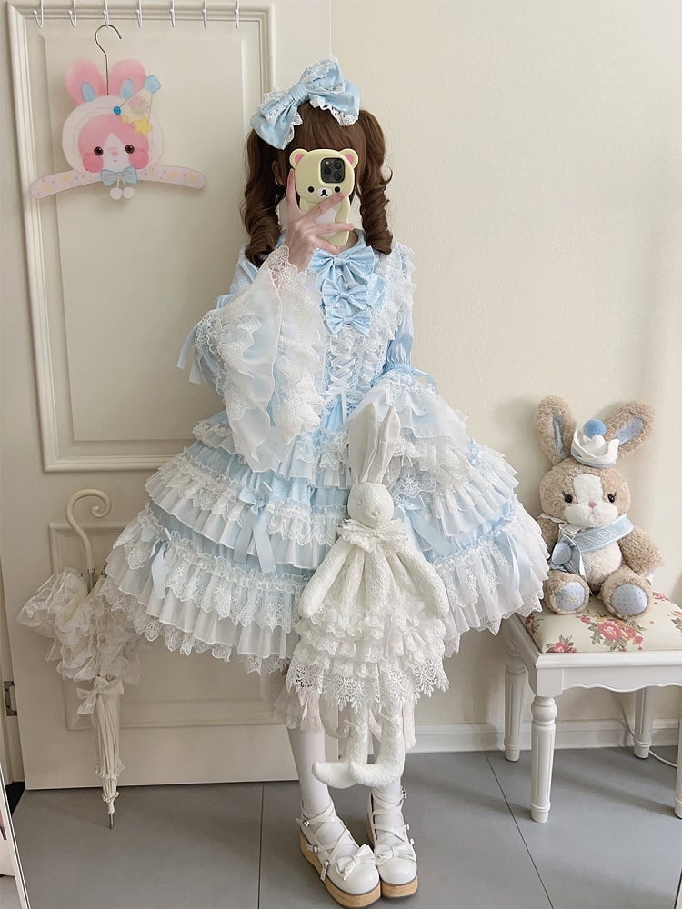 Bell Skirt Bows Tiered Ruffle Lolita Decorated Dress Blue Sleeves Long