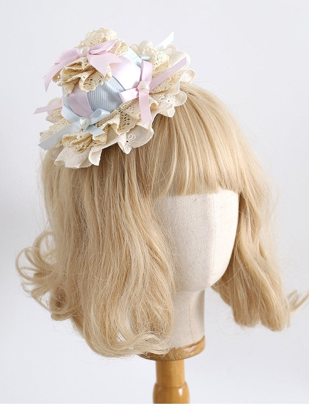 Verzierter Lolita-Detailhut mit blau-rosafarbener Schleife und Perlen
