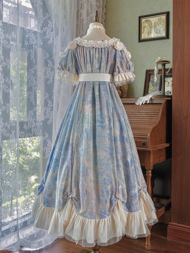 Piece Lolita Maxi One Dress Waist Elegant Classic Painting Blue Empire Oil Print