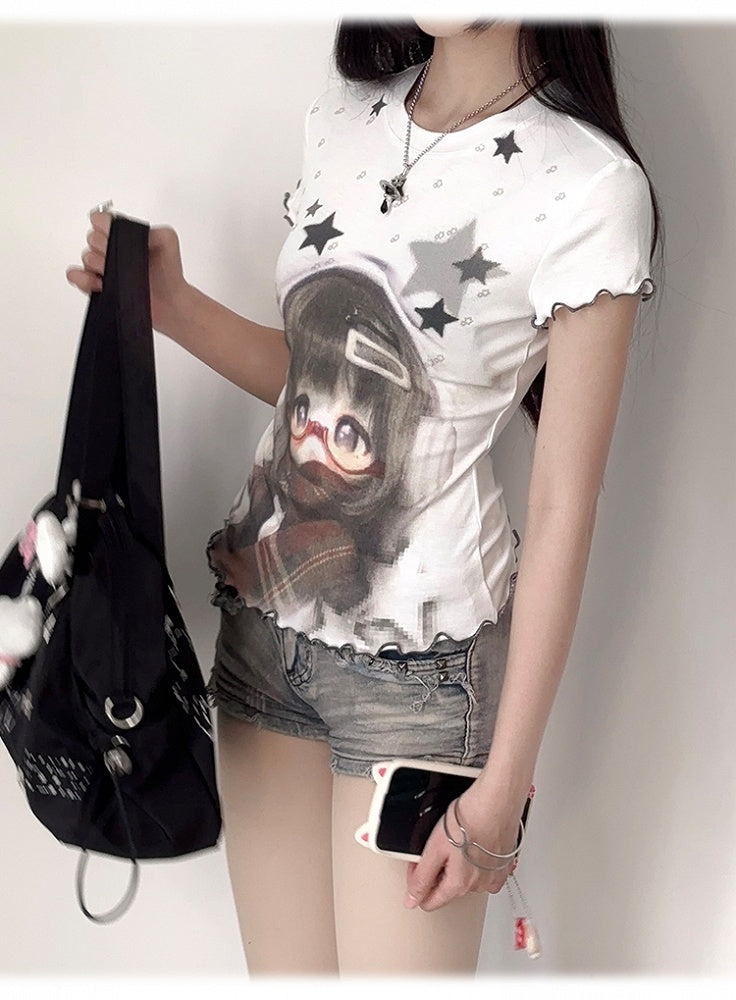 Star Doll and T-shirt White BJD Hem Print Ruffled