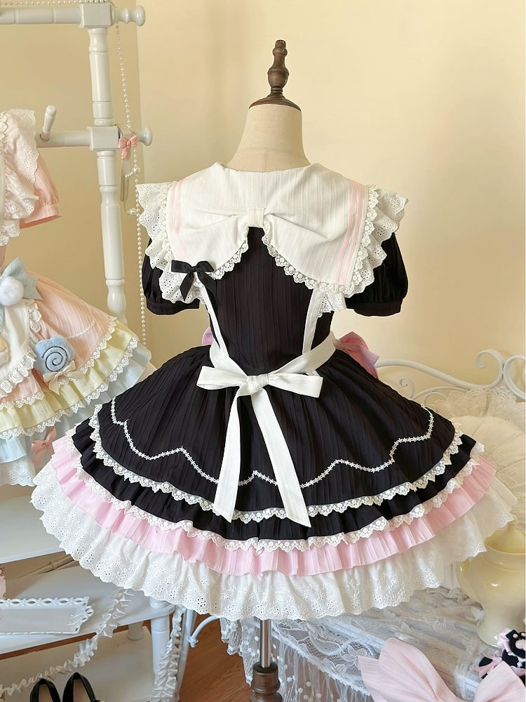with Maid Pink Sailor Collar Apron Heart Lolita Black and Sweet Dress Kitty
