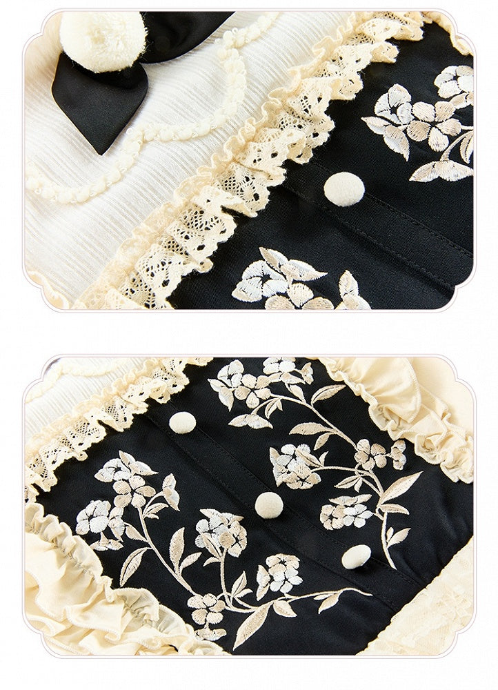 and Neckline Beige Long Sleeves Cuffs Lolita Floral Plush Dress Bodice Embroidery