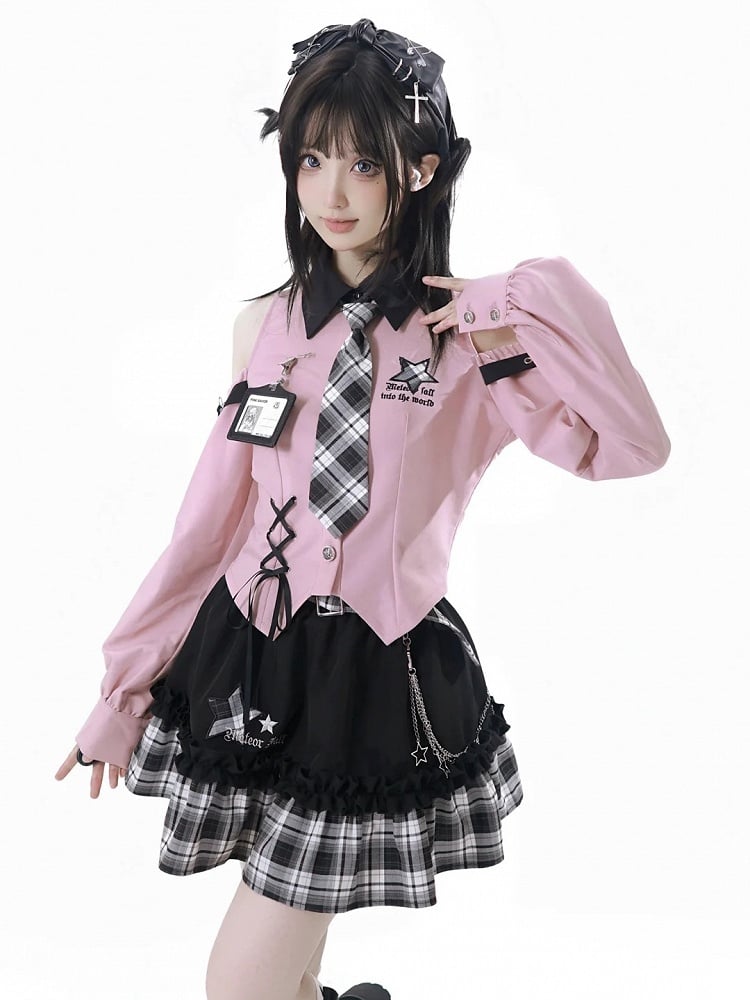 Chain Idol with Detachable Tiered Plaid Skirt Belt Black Waist Punk