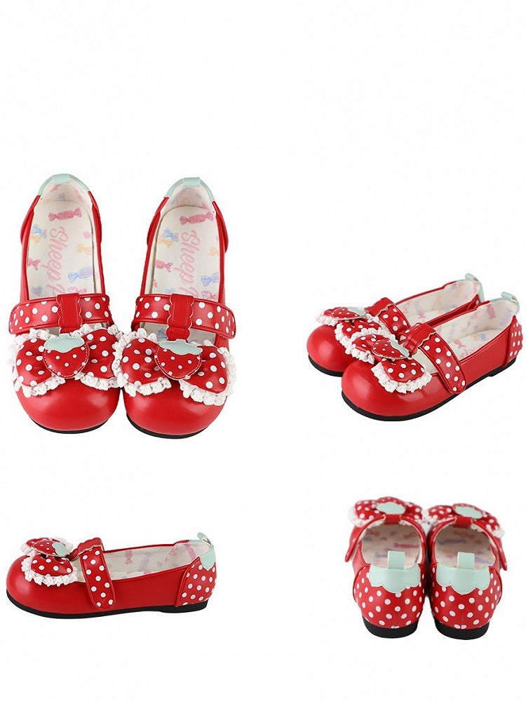 Shoes Sweet Sole Velcro Top with Strap Flat Bow Red PU Closures Lolita Polka-dot at Pattern