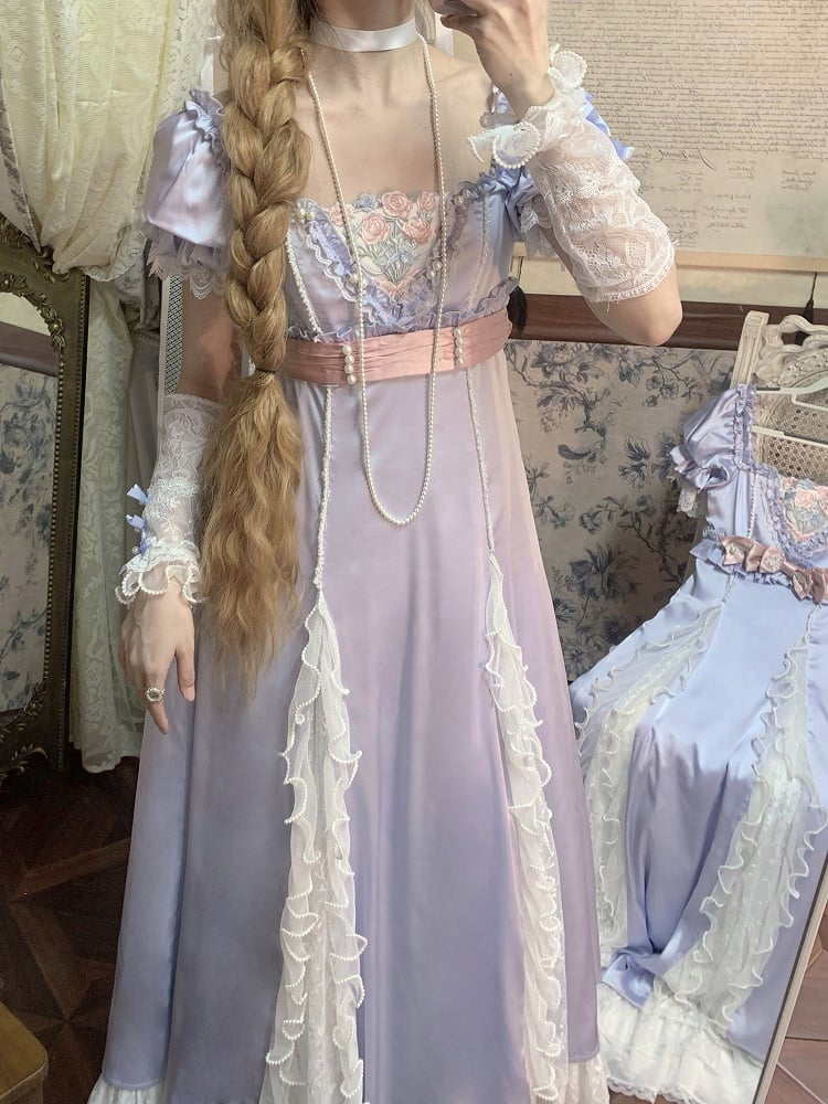 Blaues elegantes Lolita-Kleid mit Empire-Taille und quadratischem Ausschnitt