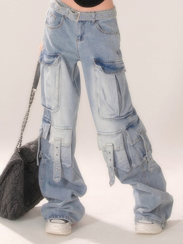 Gradient Blue Wide-Leg Cargo Jeans with Strap Detailing