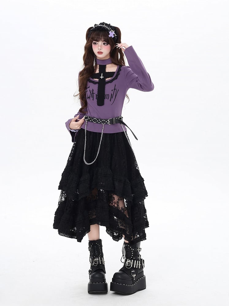 Top and All-in-one Gothic Black/Purple Bell Sleeves Cross Design Choker