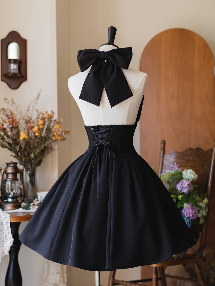 Vintage Black Short Version Boned Corset Belt High Waist Skirt with Detachable Halter Strap