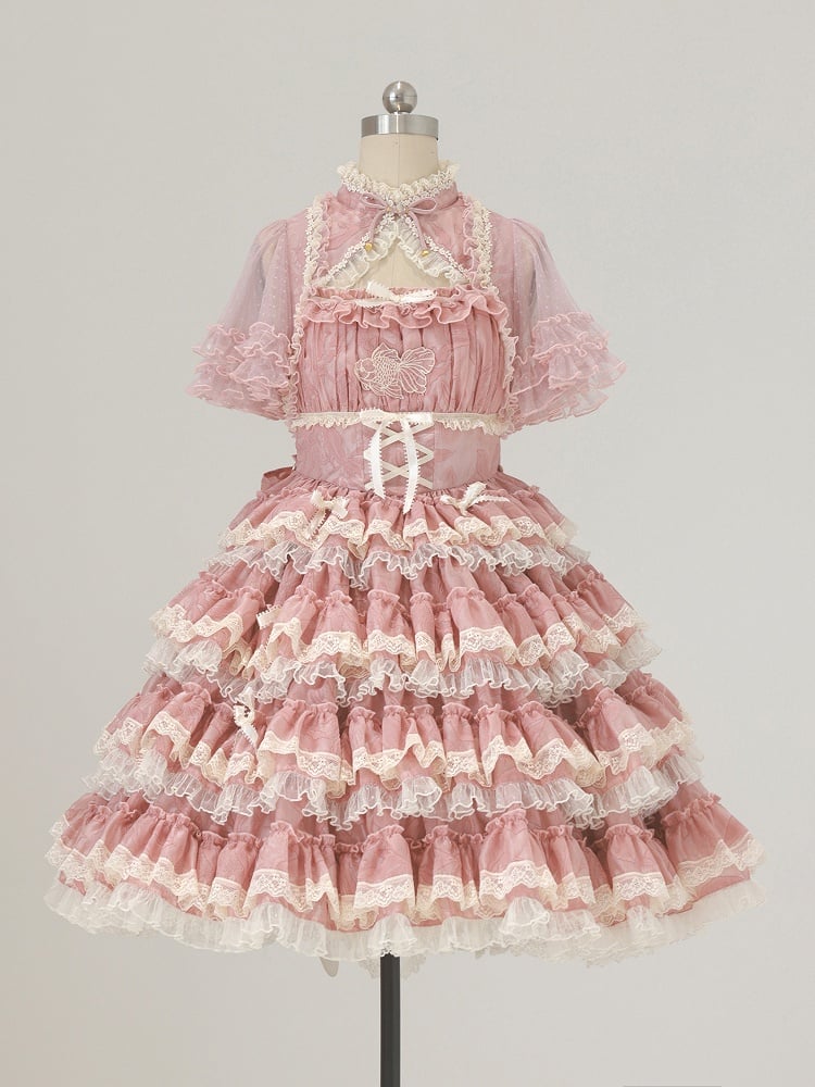 Lolita Ruffles Embroidery with Pink Lace Goldfish Details Dress Sweet and Tiered