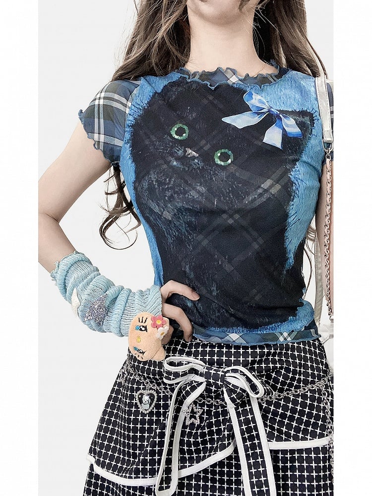 Plaid And Pattern Bittersweet Rolled Print Letter Cat Y2K Blue