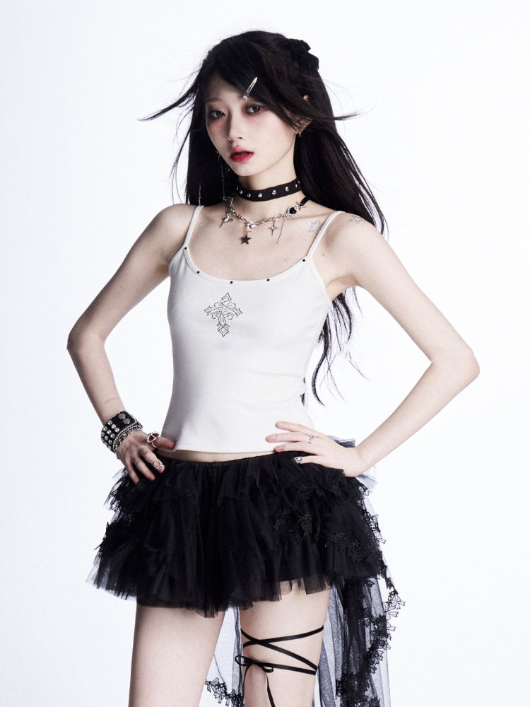 Cami Top White Rhinestones Embellished Cross Glamorous