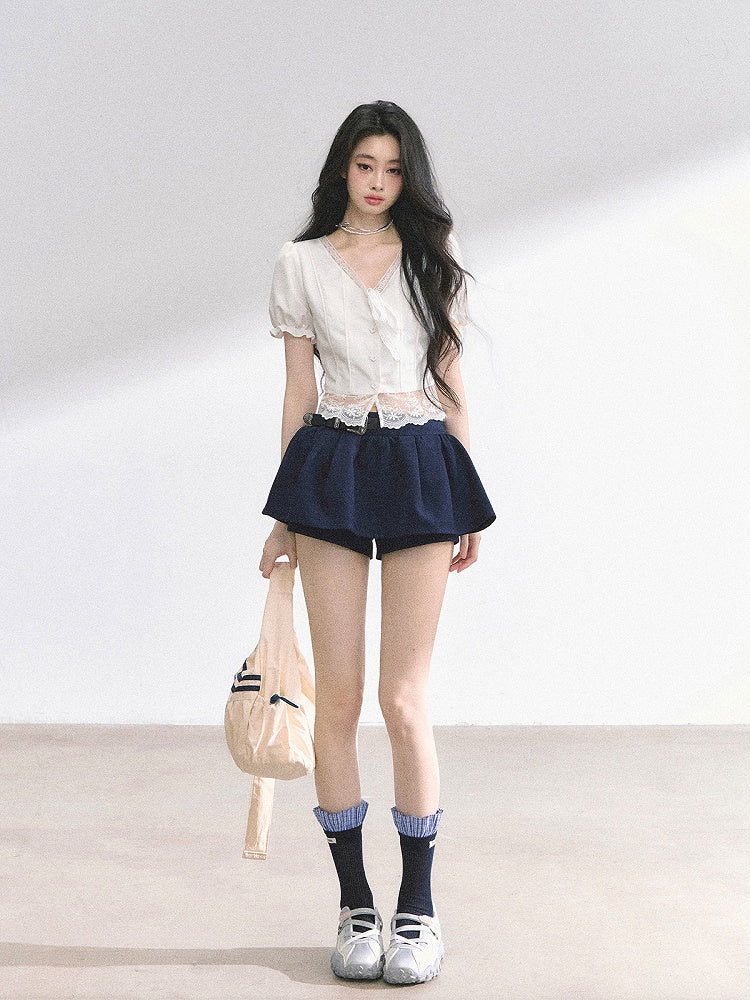 White Neckline Lace Hem Puff Sleeves Blouse Straps Self-tie