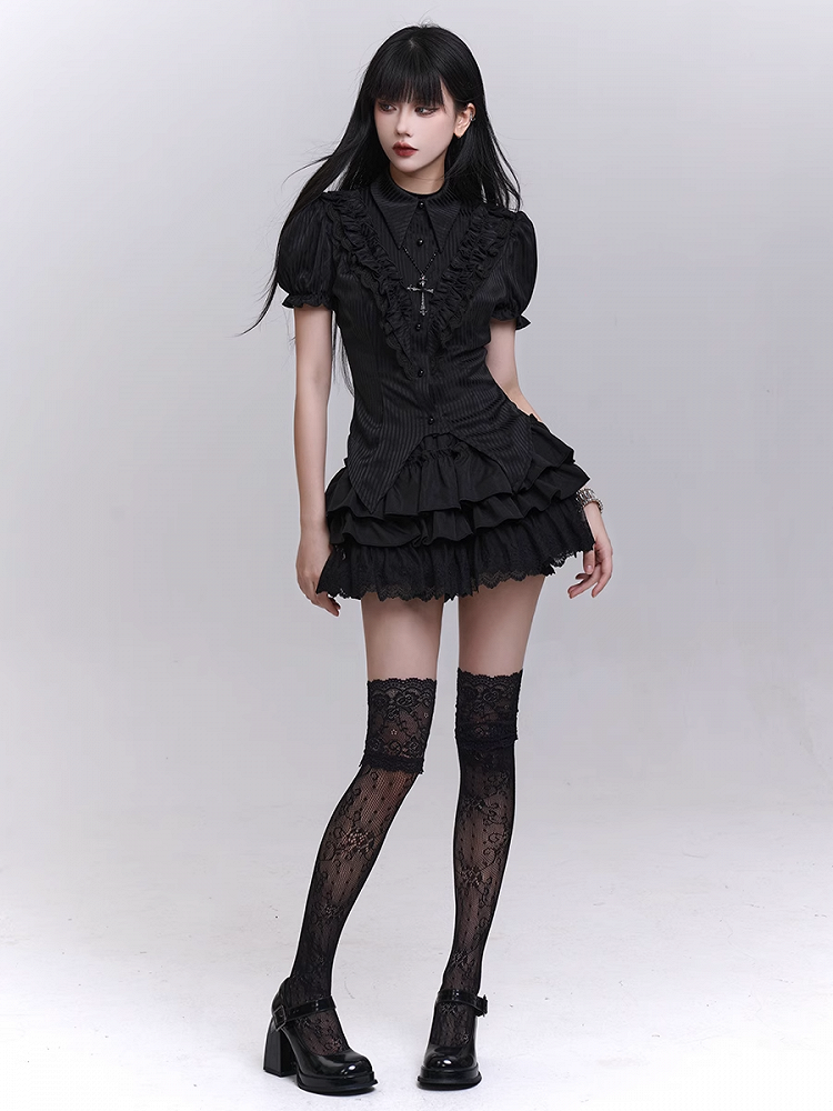Bloomers Black Elastic Waist Lace Trim Mini Tiered Skirt Lining