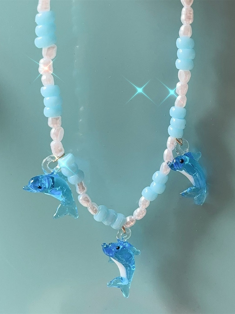 Necklace Blue Pendant Beaded Y2K Dolphin