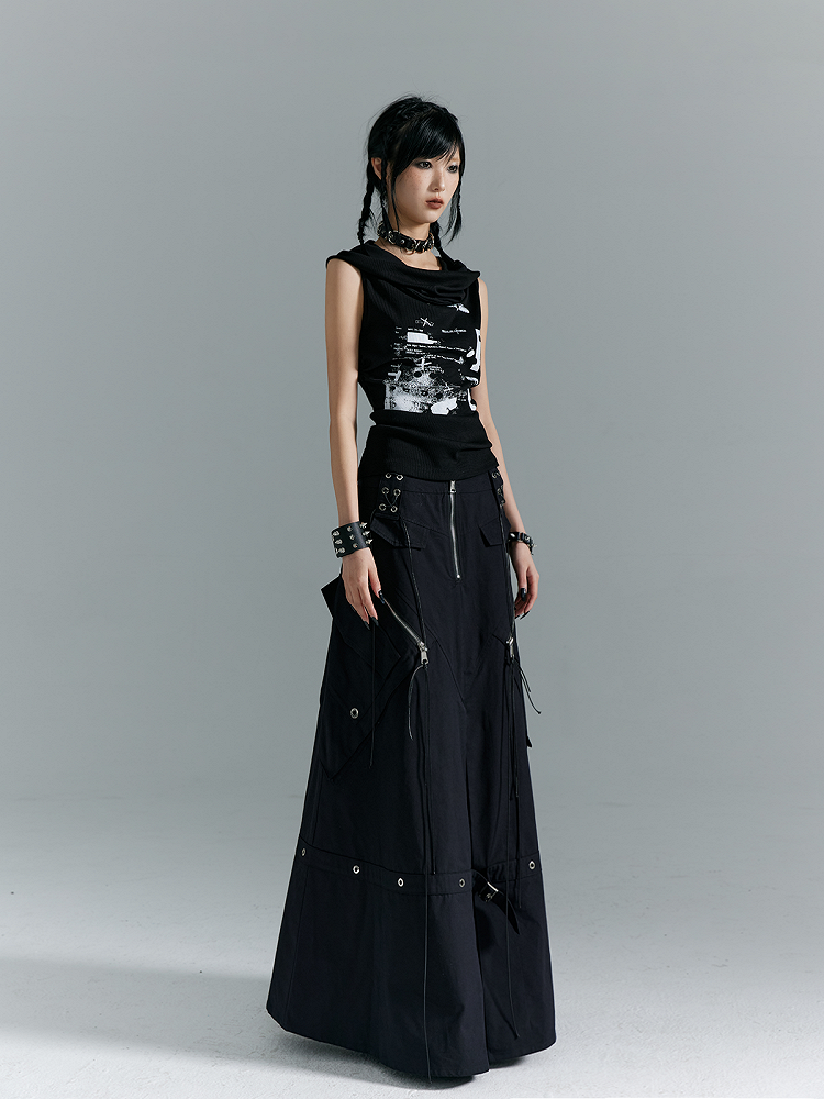 Black A-Line with Buckles Punk Pockets Metal Skirt Zippered