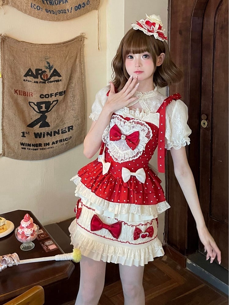 Polka Cami Sleeves Sweet Puff Bow + Accents Skirt Lolita Set Top Cropped Dots Red - Full