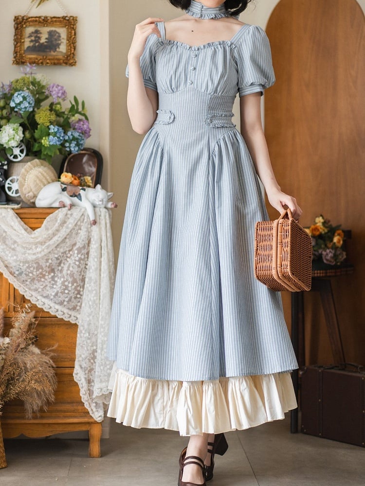 Neckline Sleeves Puff Retro Striped Fabric Blue Dress Square Fashion Vintage