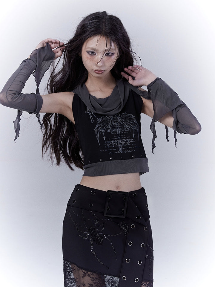 Sleeveless Top Armwear Print Punk Studded Black Cross Wing with Free