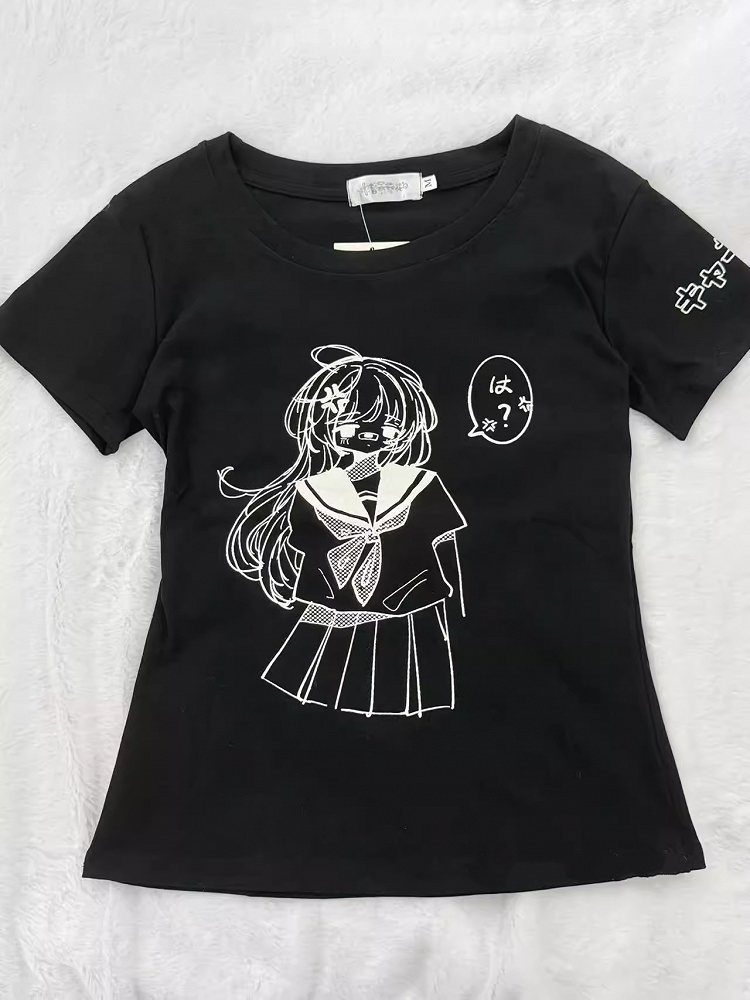 Round Neck with White / Anime Girl Print Cotton T-Shirt Black