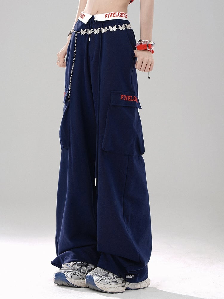 Klein Blue Wide-Leg Pants with Lettered Pocket Flaps and Foldover Waistband