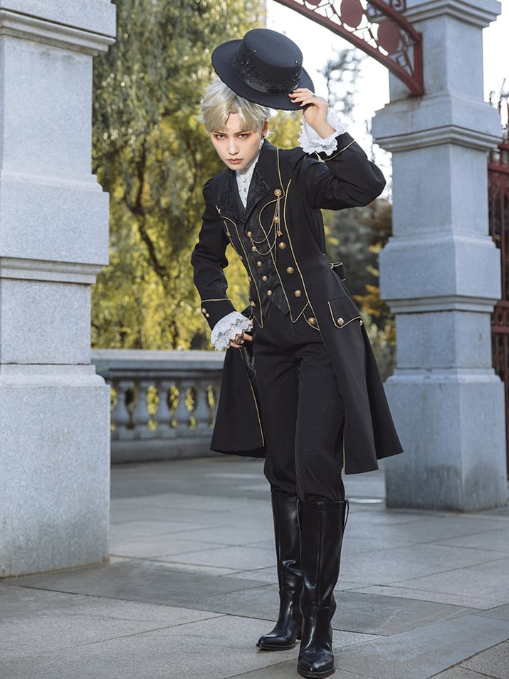 Gold-Trimming Straight-Leg Ouji Lolita Pants Black with
