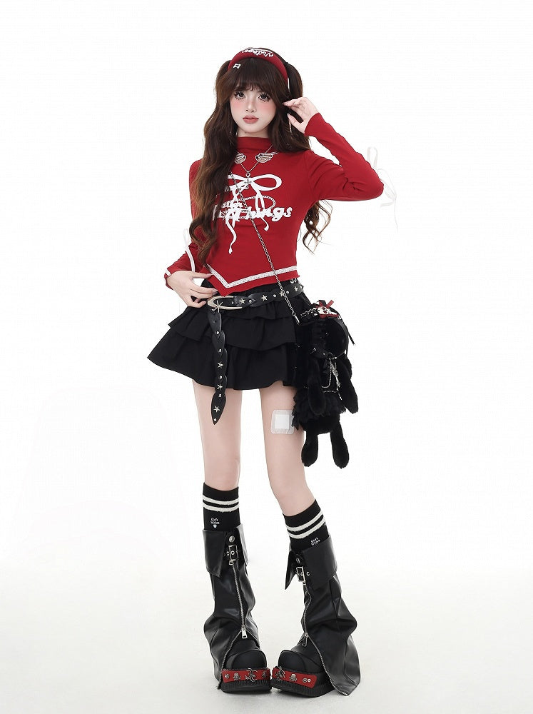 Print Cutout Bowknot Curved Hem Top Red/Black Mock Wing-shaped Vintage Neck