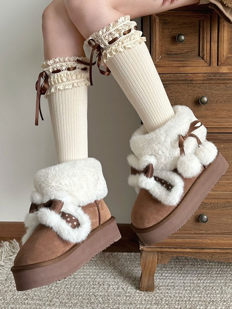 - Boots Dark Brown Snow Bunny Ears Sweet Lolita Dot Polka Platform Plush