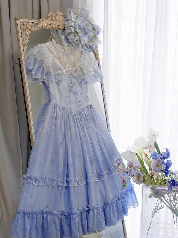 Hals Blau Stiefmütterchen Print Lolita Kleid Elegant Edward
