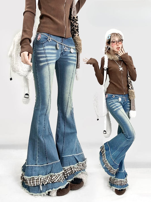 Blue Denim Flared Jeans with Plaid Trim