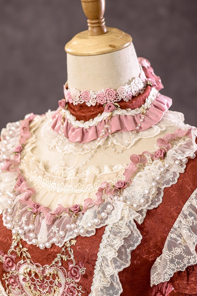 Rote Hanayome-Rosettenstickerei mit Blumenmuster und Perlenkettendetails, Lolita OP-Komplettset