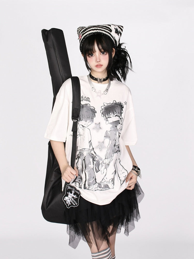 Loose-Fit Anime Character Graphic Tee - Flattering and Stylish White/Black/Pink