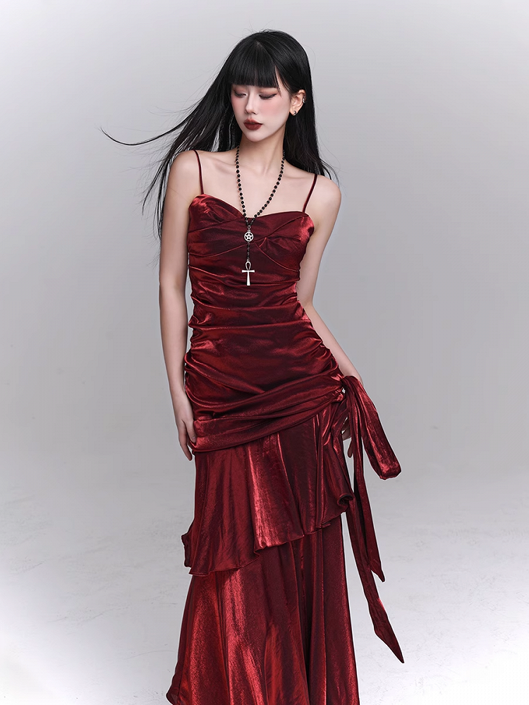 Sweetheart Neckline Ruched Design Evening Dress Gown Wine Red